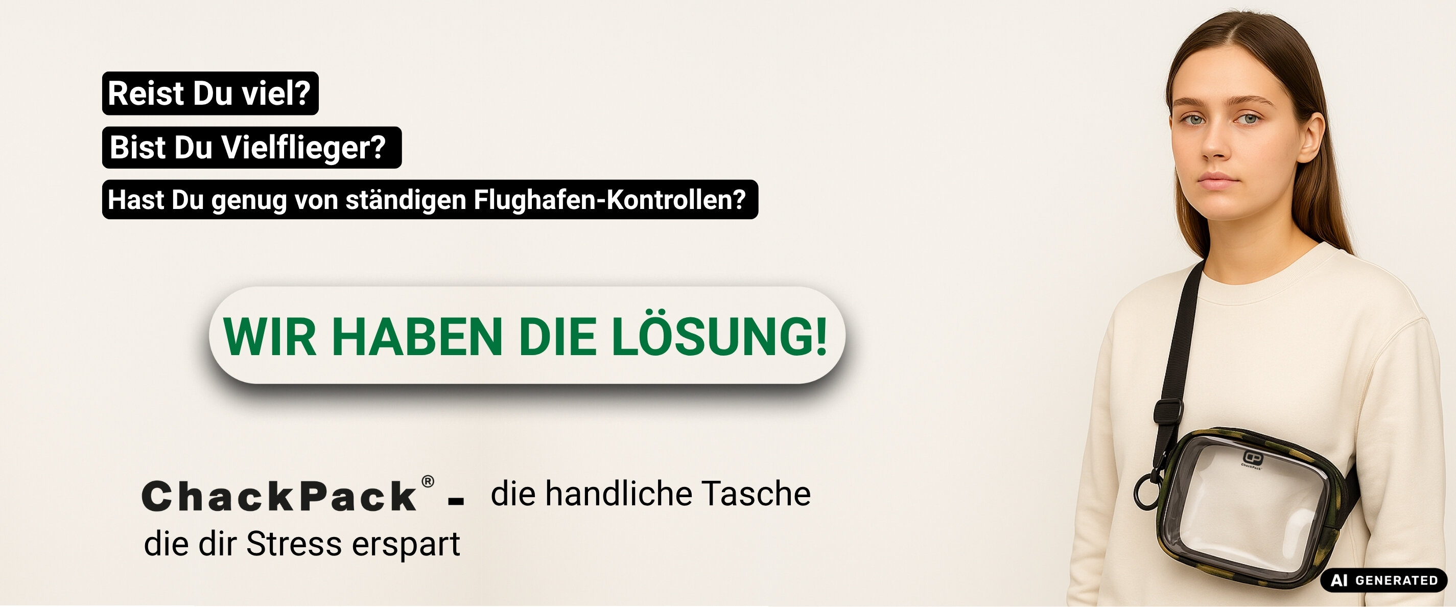 Werbebanner für die ChackPack-Tasche. Junge Frau trägt...