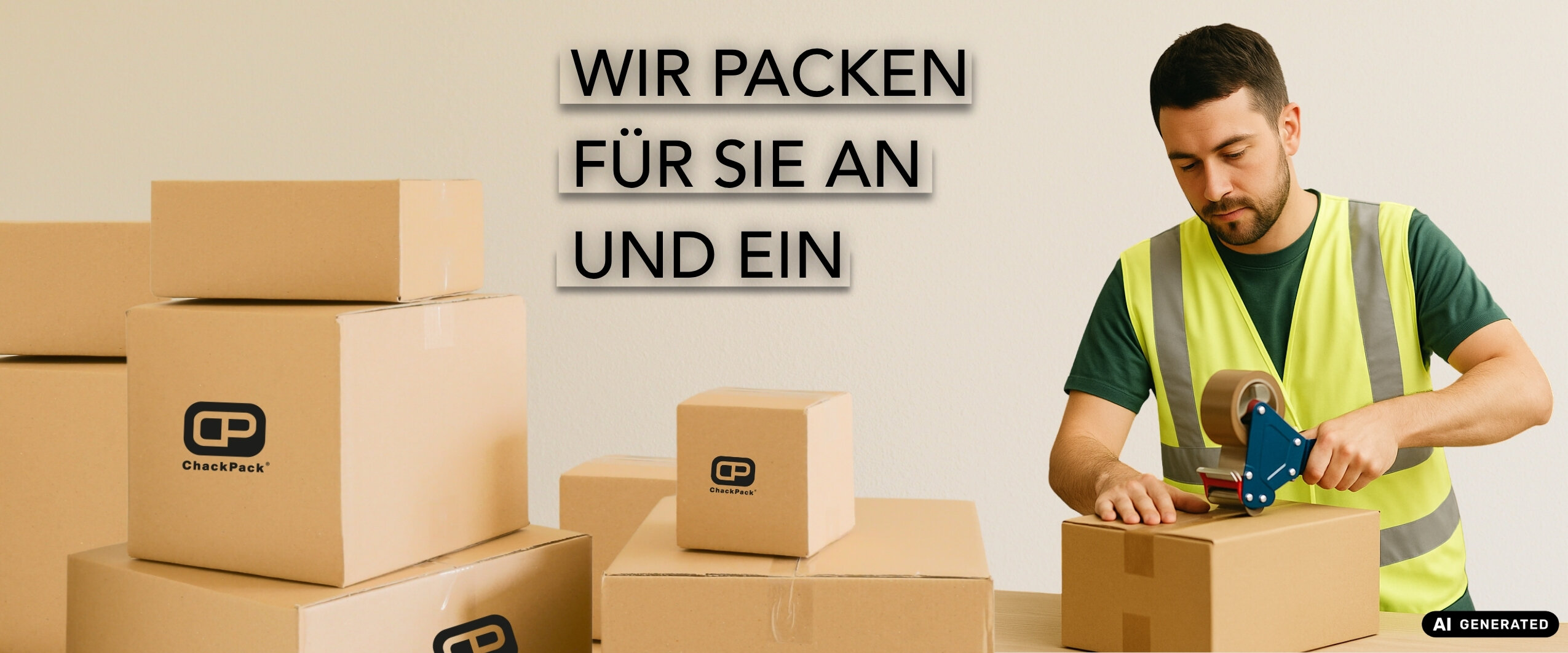 ChackPack-Mitarbeiter in Warnweste verpackt einen Versandkarton. Text: WIR PACKEN FÜR SIE AN UND EIN.