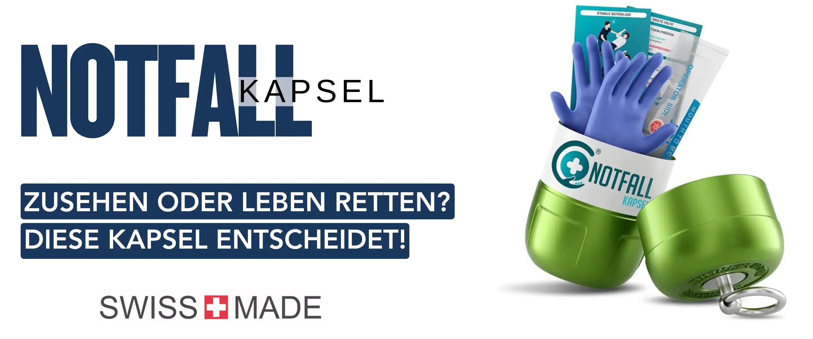 Werbebanner NOTFALL KAPSEL. Die rote Kapsel enthält ein...