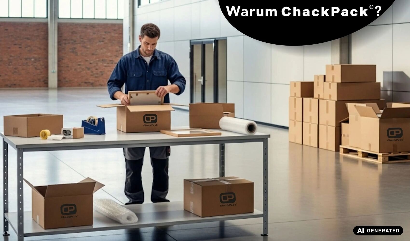 Mitarbeiter verpackt einen ChackPack-Karton im Lager. Fulfillment und Verpackungsservice für Hotelbedarf und Logistik. Frage: Warum ChackPack ?