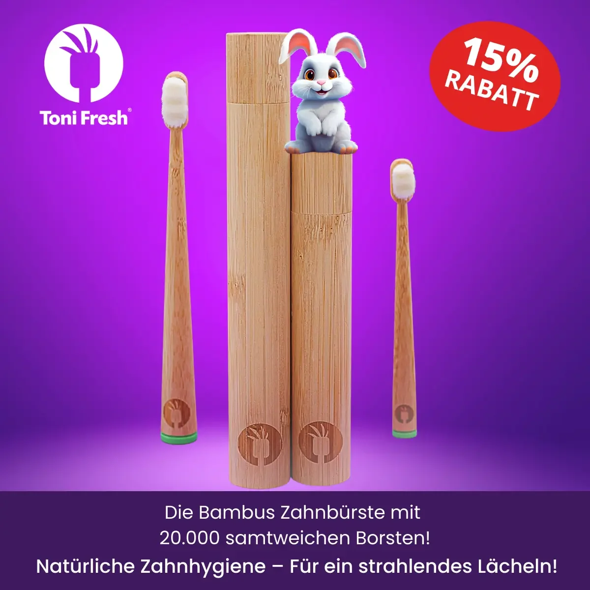 Weihnachts-Werbung für Toni Fresh Bambus Zahnbürsten. Erhalte 15% RABATT auf die Bürste mit 20.000 samtweichen Borsten. Fördert natürliche Zahnhygiene
