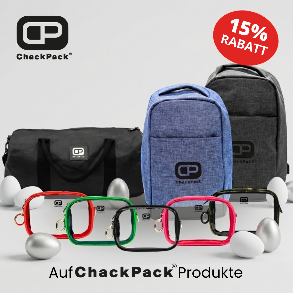 RABATT  auf ChackPack Produkte. Zeigt die durchsichtige Tasche für die Flughafensicherheit. Ideales Reisezubehör im Weihnachts-Sale