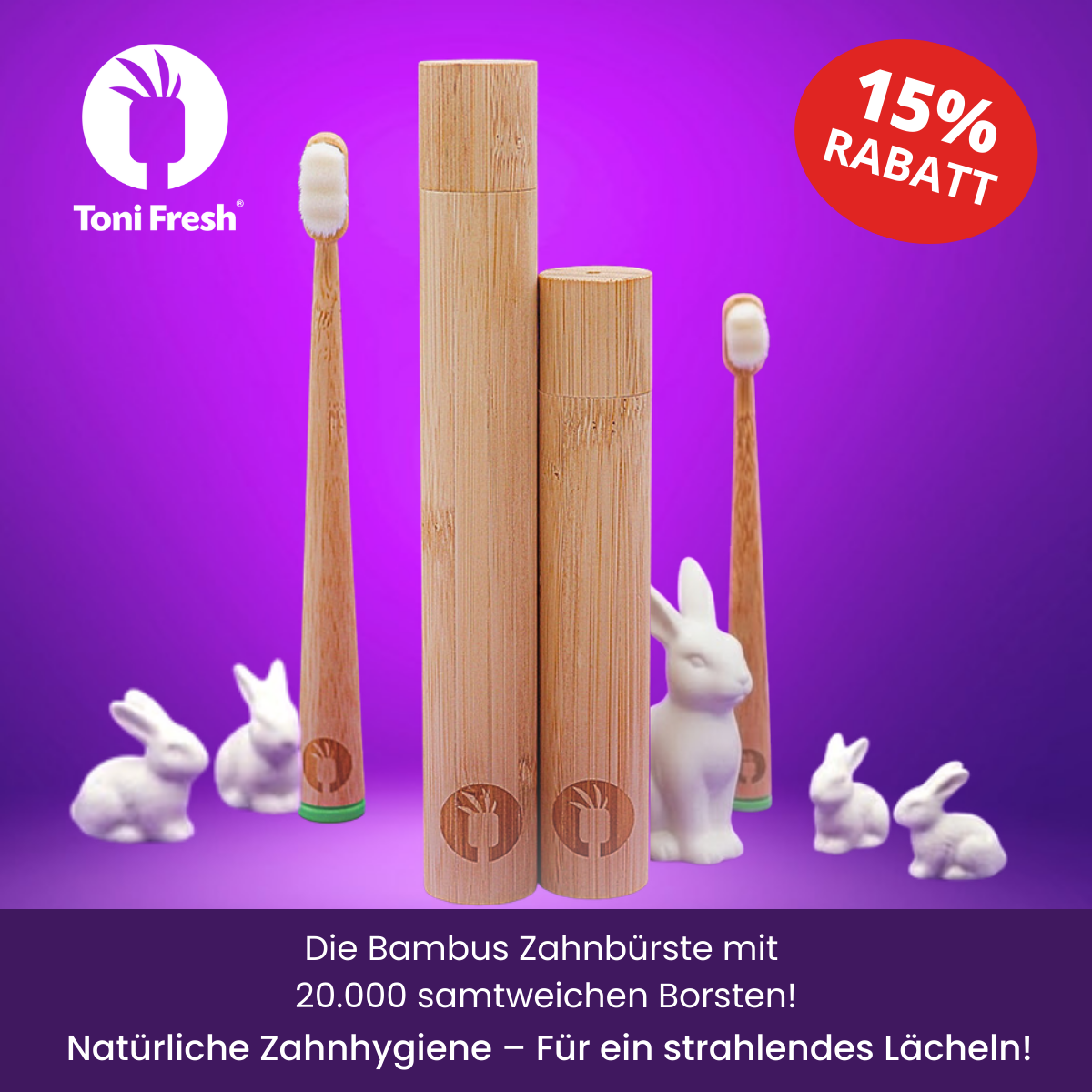 Weihnachts-Werbung für Toni Fresh Bambus Zahnbürsten. Erhalte 15% RABATT auf die Bürste mit 20.000 samtweichen Borsten. Fördert natürliche Zahnhygiene