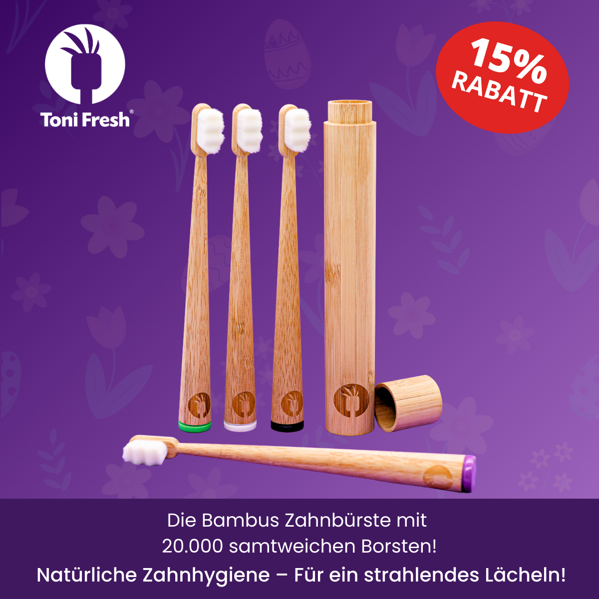 Weihnachts-Werbung für Toni Fresh Bambus Zahnbürsten. Erhalte 15% RABATT auf die Bürste mit 20.000 samtweichen Borsten. Fördert natürliche Zahnhygiene