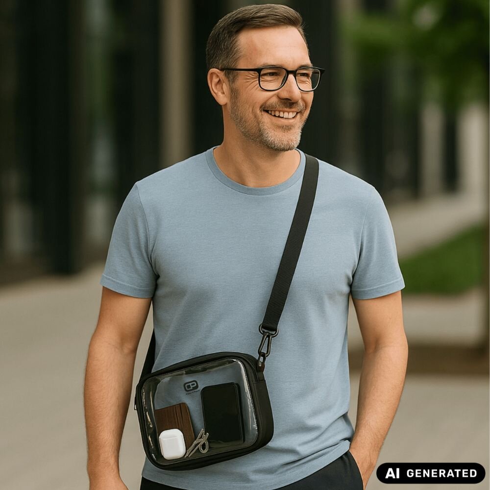 Stylische ChackPack Herrentasche: Lächelnder Mann mit Brille trägt eine durchsichtige Umhängetasche, perfekt für Flughafen-Sicherheit und schnelle Reise-Accessoires.