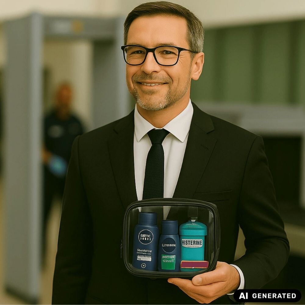 Geschäftsmann am Sicherheits-Check: Mann im Anzug hält die durchsichtige ChackPack Reise-Kulturtasche mit Flüssigkeiten (Kosmetika), perfekt für die Flughafen-Sicherheit und Handgepäck.