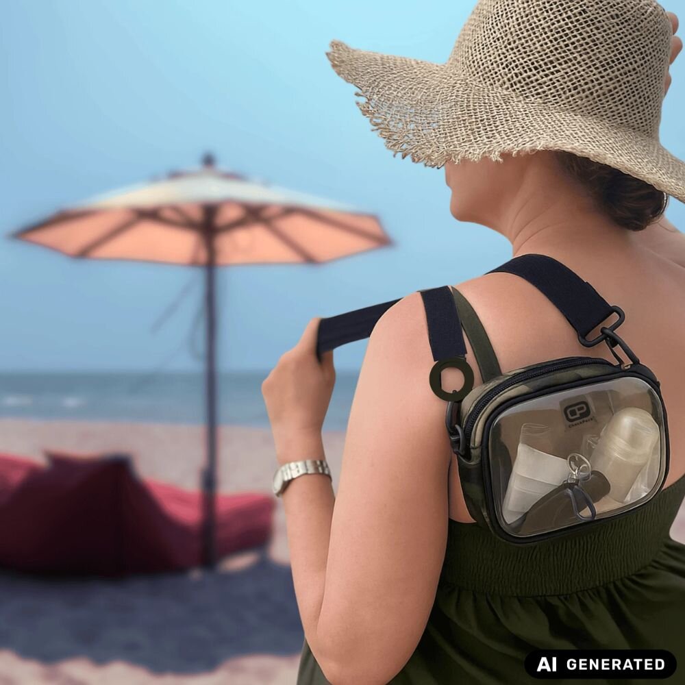 ChackPack Strandtasche im Einsatz: Frau mit Sonnenhut am Meer trägt die praktische, durchsichtige Umhängetasche, ideal für den Urlaub und zur Aufbewahrung von Sonnenschutz (Sonnencrème).