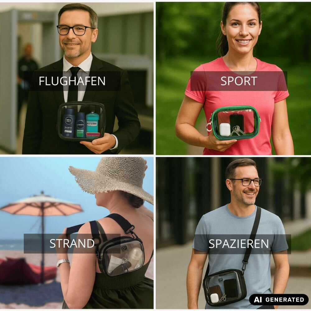Bild-Collage: Die Vielseitigkeit der ChackPack-Tasche in vier Anwendungsbereichen: FLUGHAFEN (Sicherheit), SPORT (Fitness), STRAND (Urlaub) und SPAZIEREN (Outdoor). Zeigt die universelle durchsichtige Tasche für den Alltagsgebrauch und Reisen.