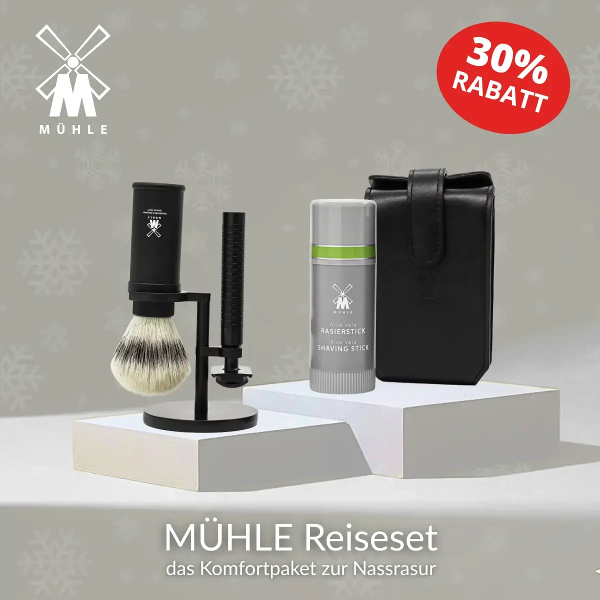 RABATT auf das MÜHLE Reiseset. Das Komfortpaket für die Nassrasur inklusive Rasierpinsel und Seife