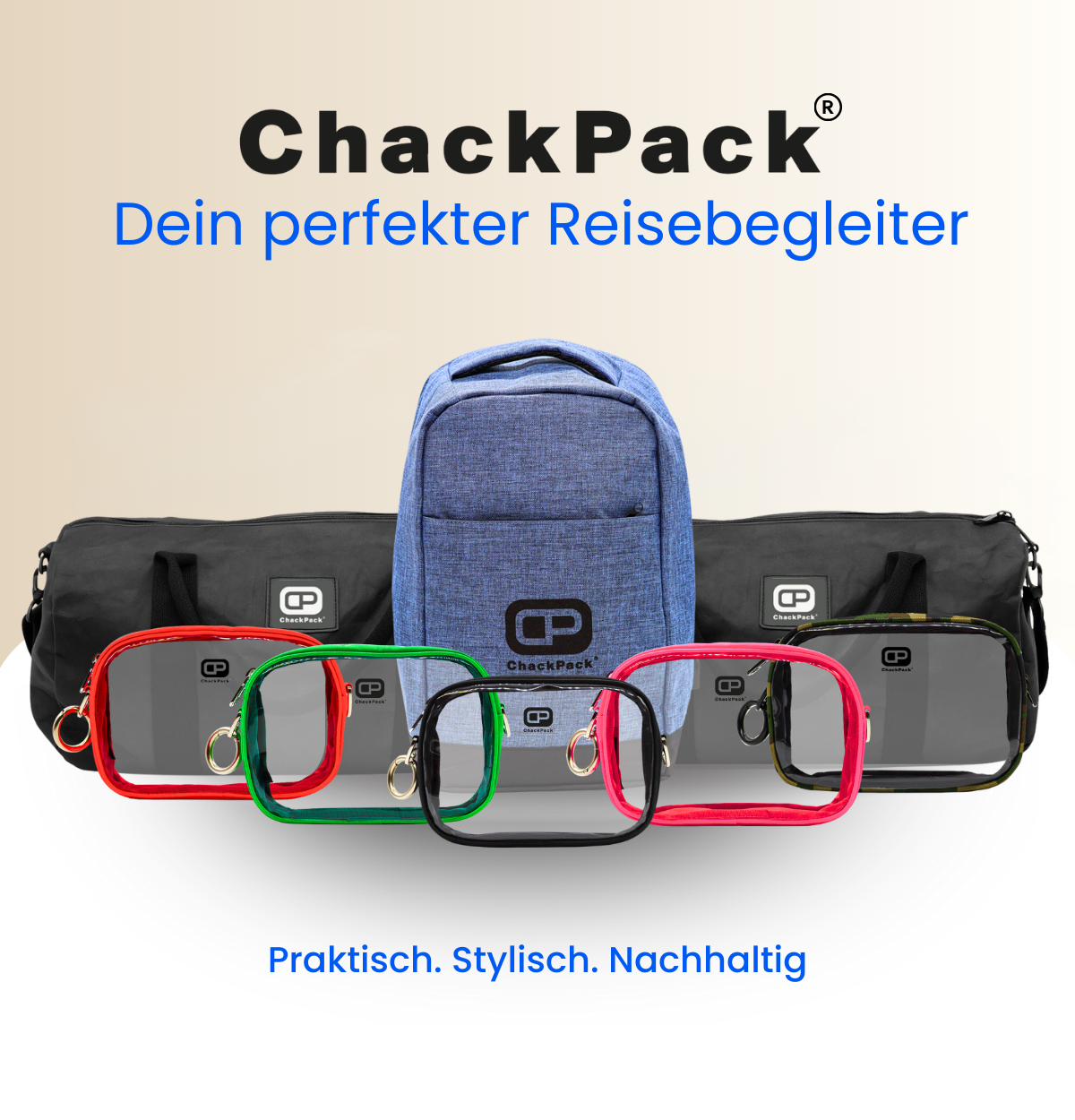 RABATT  auf ChackPack Produkte. Zeigt die durchsichtige Tasche für die Flughafensicherheit. Ideales Reisezubehör im Weihnachts-Sale