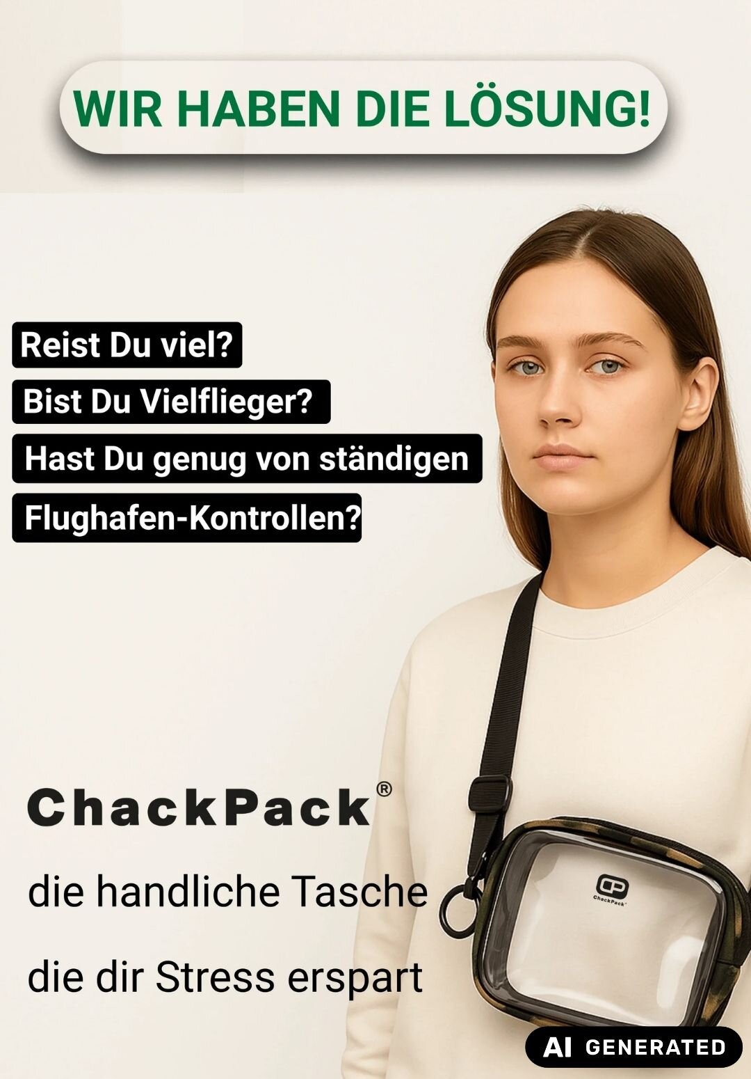 Werbebanner für die ChackPack-Tasche. Junge Frau trägt...