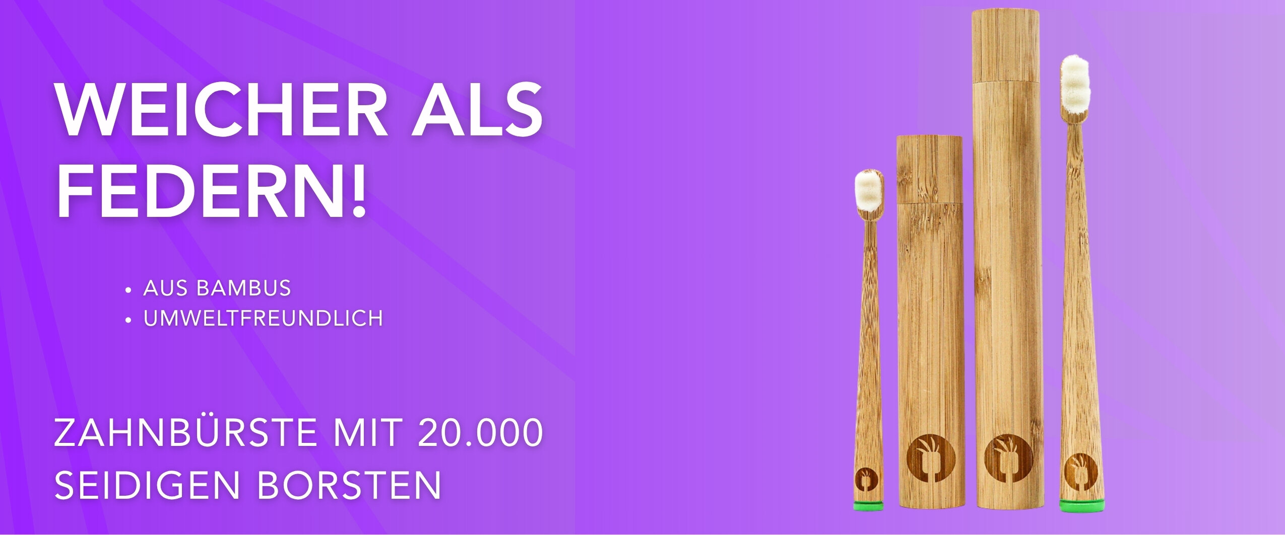 Werbung für die nachhaltige Bambus Zahnbürste mit 20.000 seidigen Borsten. 100% Bambus und umweltfreundlich. Ideale Hotel Kosmetik.