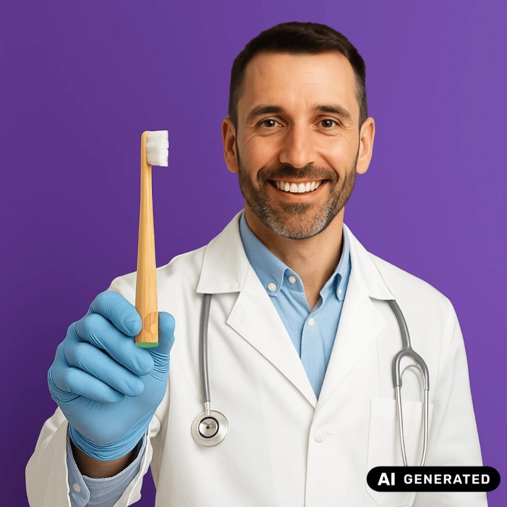 Zahnarzt in weißem Kittel hält lächelnd eine Bambus Zahnbürste in der Hand. Symbolisiert die professionelle Empfehlung des Produkts für die tägliche Zahnpflege.