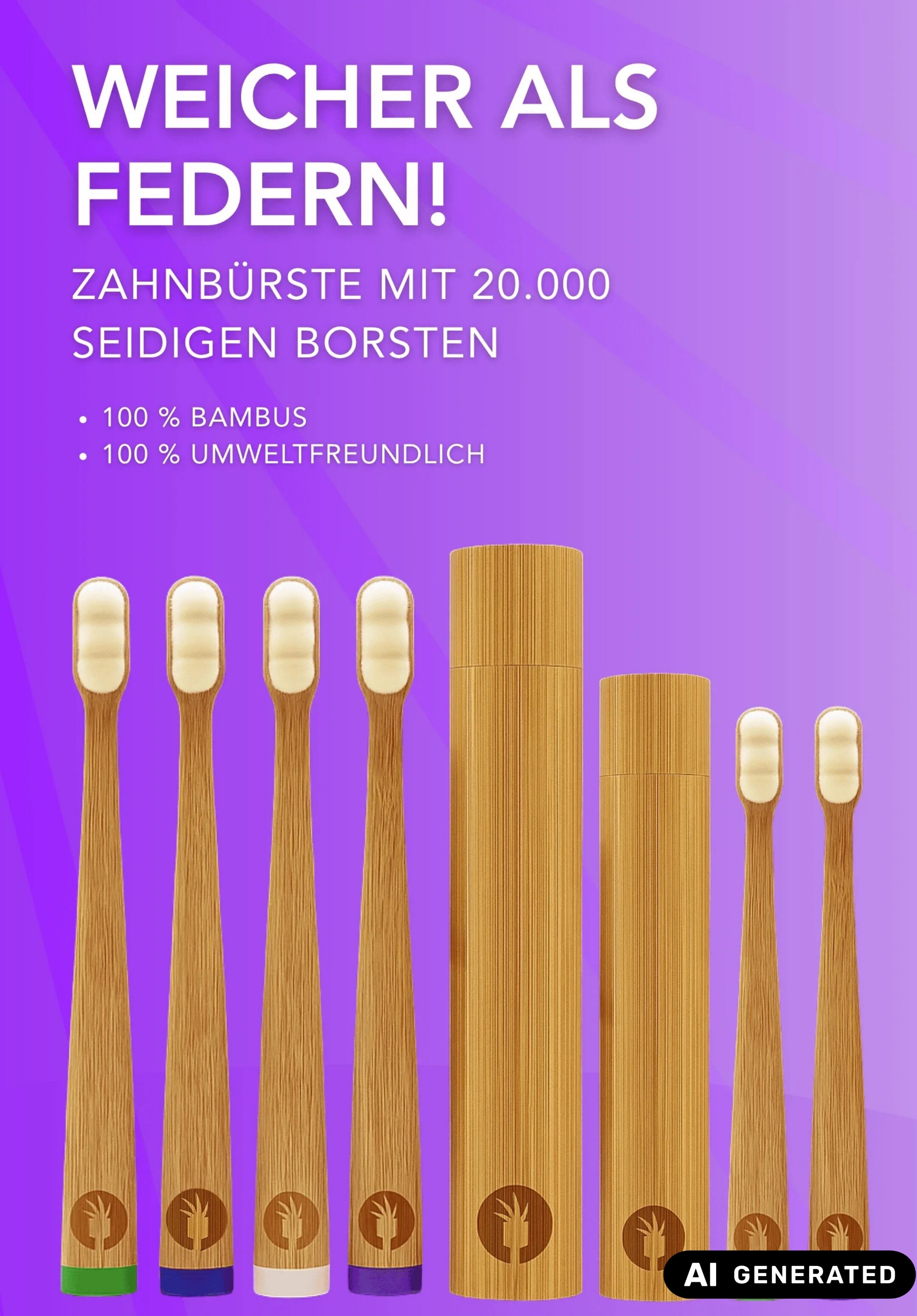 Werbung für die nachhaltige Bambus Zahnbürste mit 20.000 seidigen Borsten. 100% Bambus und umweltfreundlich. Ideale Hotel Kosmetik.