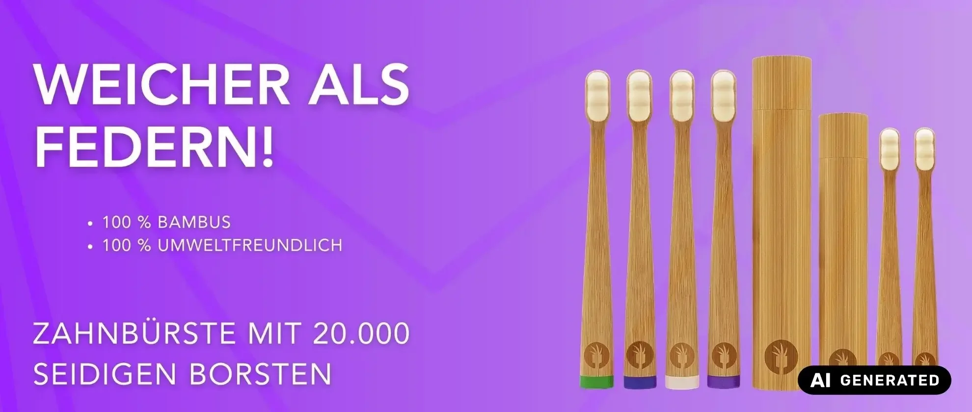 Werbung für die nachhaltige Bambus Zahnbürste mit 20.000 seidigen Borsten. 100% Bambus und umweltfreundlich. Ideale Hotel Kosmetik.