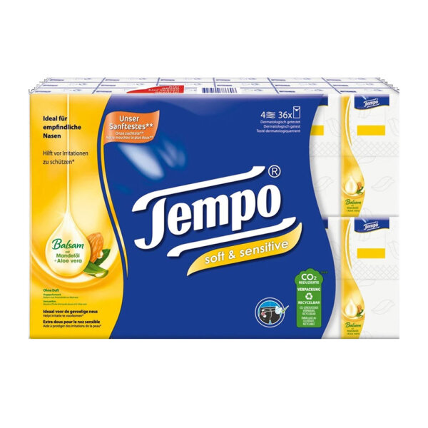 Tempo Taschentücher Soft&Sensitive, Balsam mit Mandelöl+Aloe Vera, 4-lagig im 36 Pk x 9 Tücher (1x)