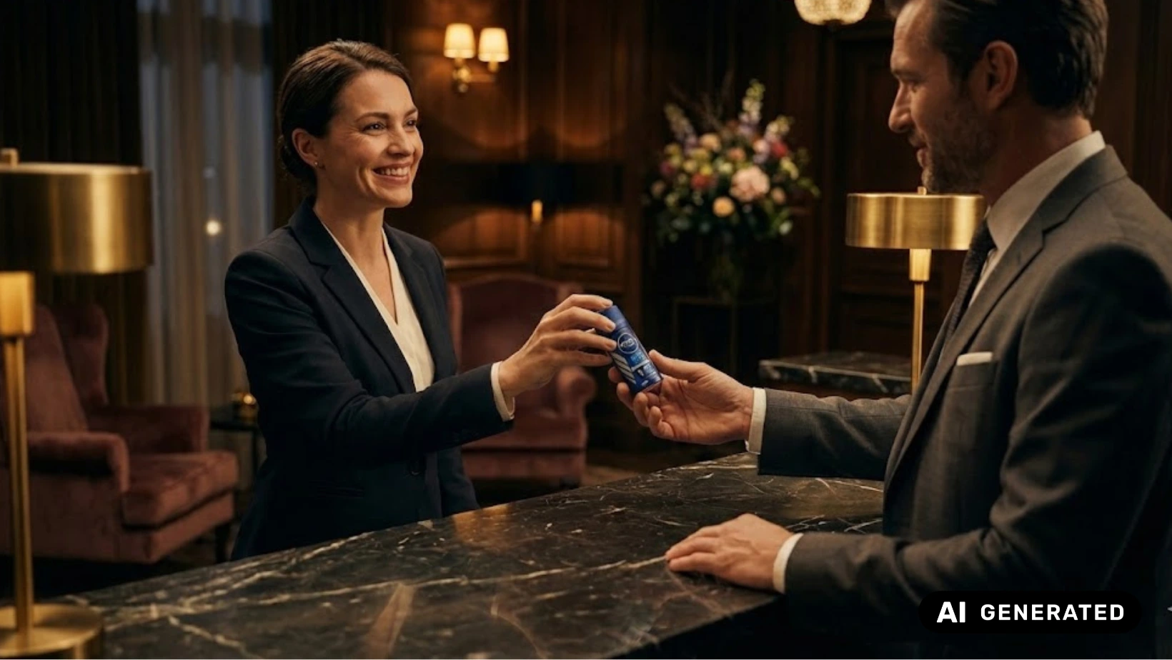 Eine lächelnde Rezeptionistin reicht einem Geschäftsmann in einer luxuriösen, warm beleuchteten Hotellobby über einen Marmortresen hinweg ein Mini-Deospray.