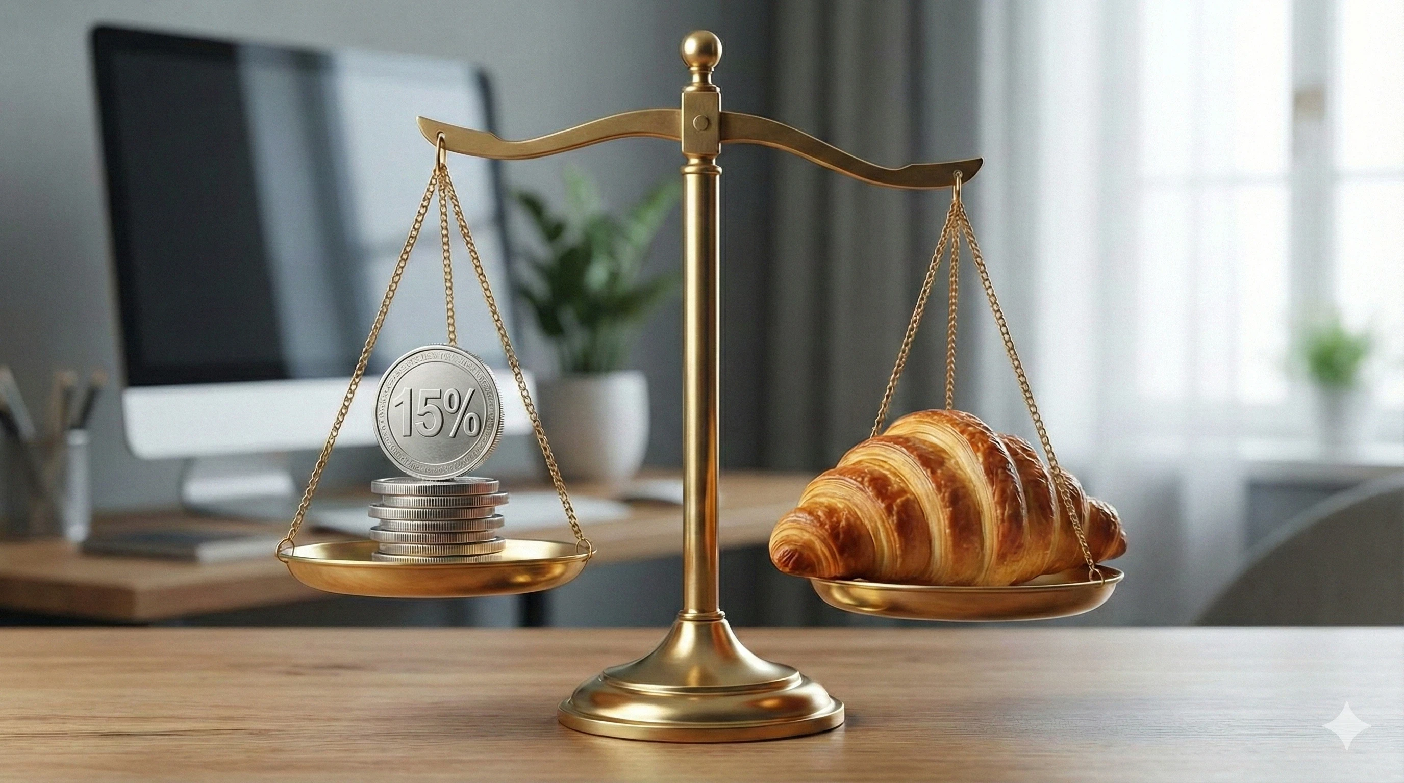 Goldene Waage in einem modernen Hotelbüro: Ein Stapel Silbermünzen (Symbol für 15% OTA-Provision) wird von einem frischen Croissant aufgewogen. Symbolbild für profitables Hotel-Revenue-Management und Direktbuchungsstrategien statt Rabatte.