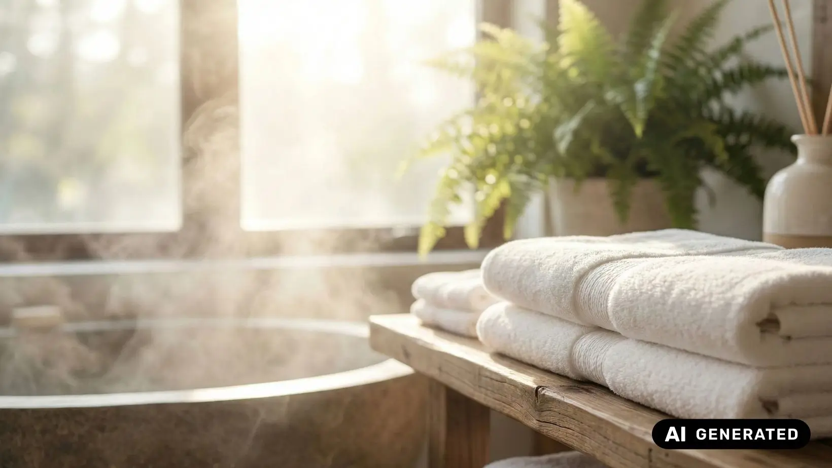 "Frische, weiße Hotel-Handtücher ordentlich gefaltet auf einem Holzregal in einem sonnendurchfluteten Badezimmer, Symbol für Hygiene und Frische."