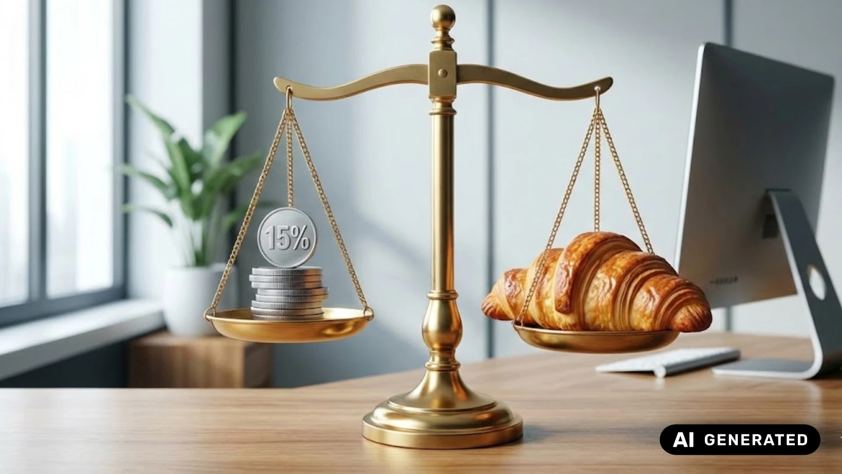 Goldene Waage in einem modernen Hotelbüro: Ein Stapel Silbermünzen (Symbol für 15% OTA-Provision) wird von einem frischen Croissant aufgewogen. Symbolbild für profitables Hotel-Revenue-Management und Direktbuchungsstrategien statt Rabatte.