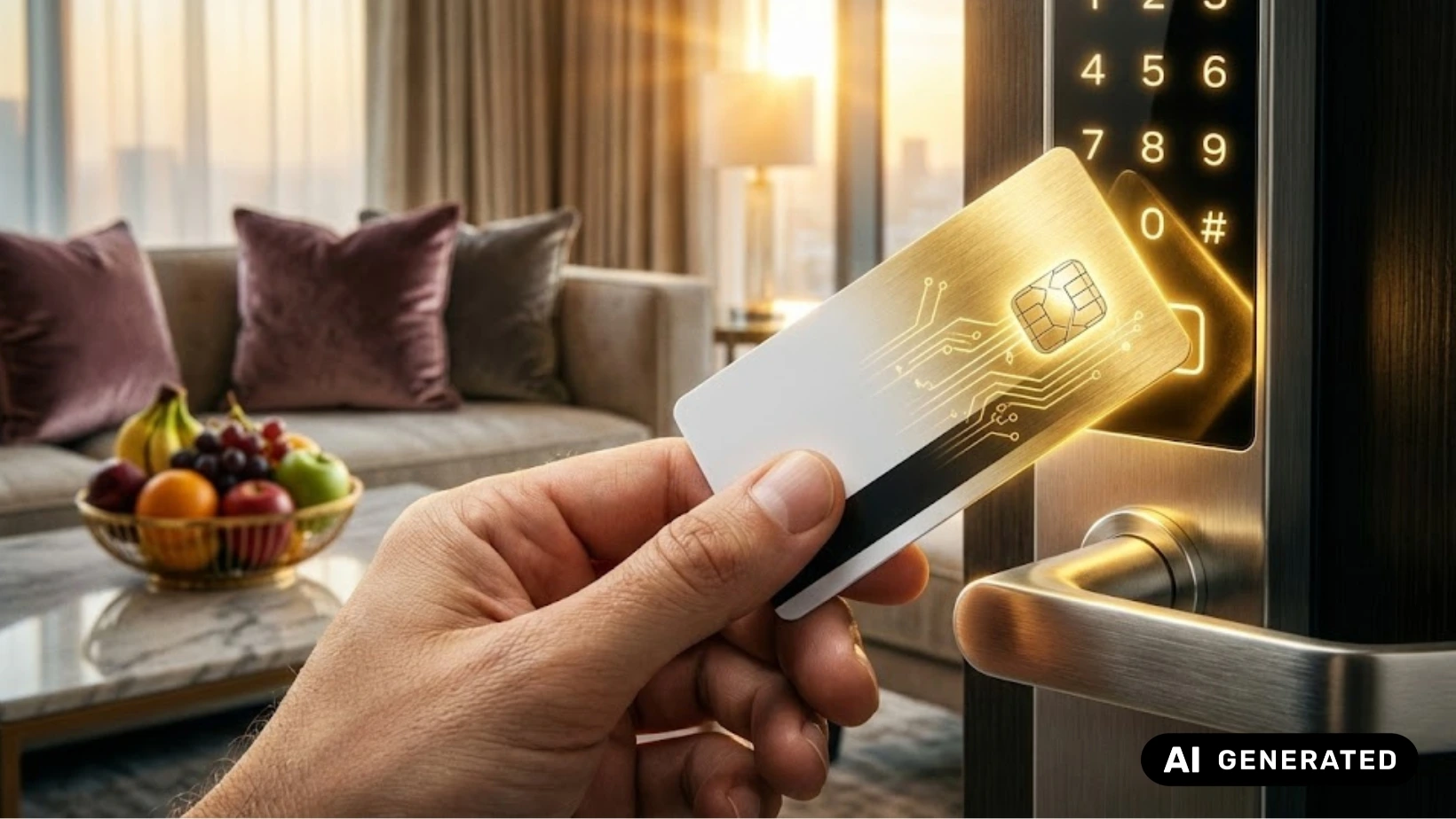 hand hält eine hotel-schlüsselkarte, die sich magisch in gold verwandelt. symbolbild für hotel-upselling, revpar-steigerung und die umwandlung von standard-gästen in vips durch pre-arrival-marketing.