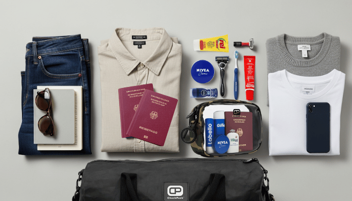  Flat Lay von Reiseutensilien für einen Wochenendtrip. Zu sehen sind gefaltete Kleidung, zwei deutsche Reisepässe, ein transparenter Kulturbeutel mit Reisegrößen-Produkten von Nivea und Gillette, eine Sonnenbrille und ein Smartphone, alles ordentlich um eine schwarze Reisetasche herum angeordnet